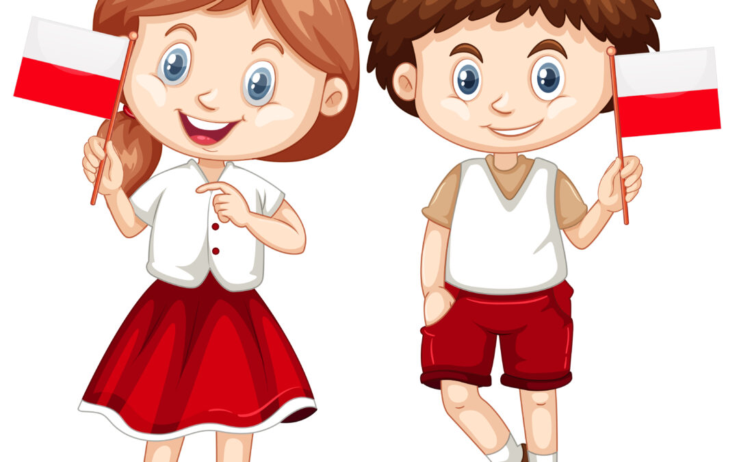 Radosny chłopiec i dziewczynka ubrani w biało czerwone ubrania trzymający flagę polski.