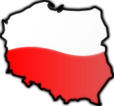 Grafika przedstawia mapę Polski w kolorze biało - czerwonym.