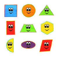Grafika przedstawia dziewięć kolorowych figur geometrycznych takich jak koło, trójkąt, kwadrat, romb, trapez, półkole, prostokąt, sześcian.